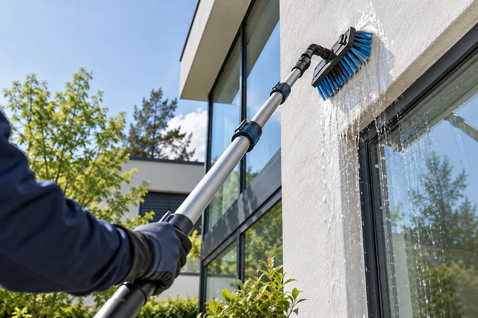 Reinigung einer hellen Fassade mit einer Teleskopbürste – KI-generiertes Symbolbild